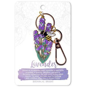 Bee & Lavender Flower Enamel Keychain with‎ Key Clip - Gold Plated - Nature